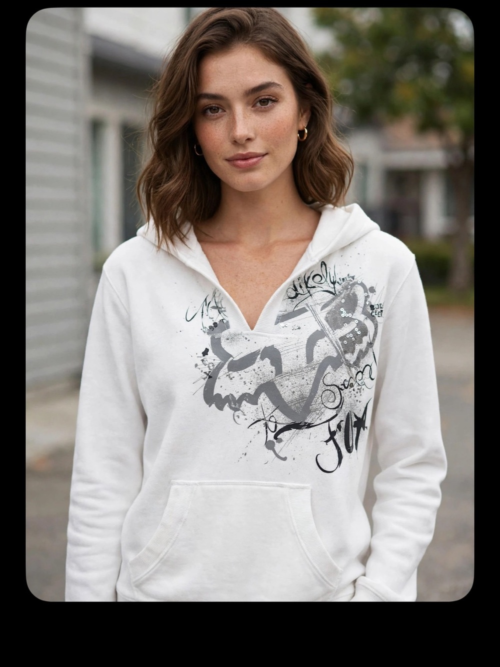 Fox White V-Neck Pullover Hoodie with Gray Graphic